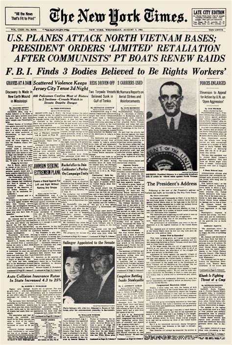vietnam war 1964 nfront page of the new york times 5 august 1964