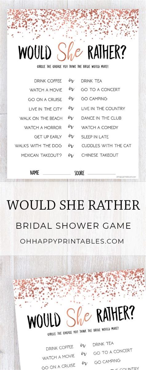 would she rather bridal shower game rose gold bridal shower bridal