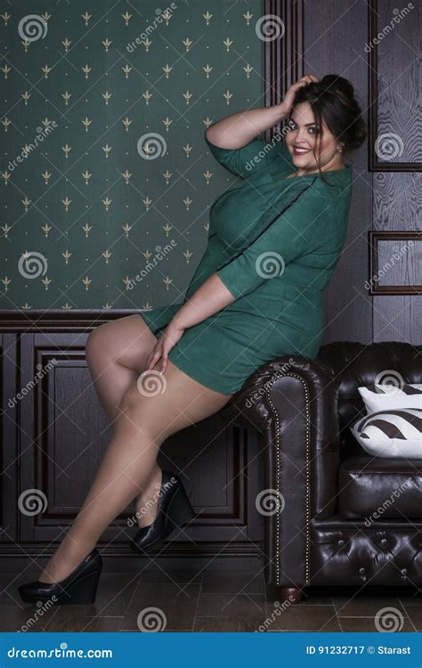 Plus Size Fashion Model In Green Evening Dress Fat Woman On Luxury