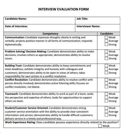 interview evaluation samples   ms word