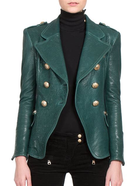 lyst balmain double breasted leather jacket  green