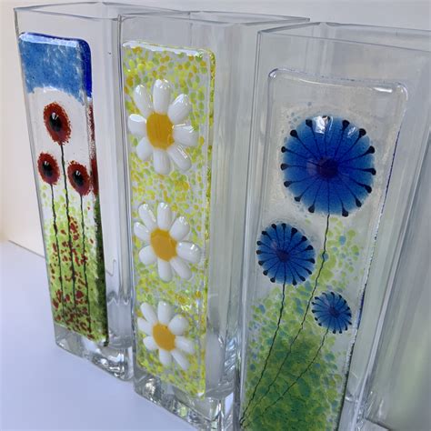 Vase With Handmade Fused Glass Decorative Flower Panel A Etsy
