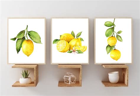 lemon print lemon art prints  canvas set   watercolor etsy