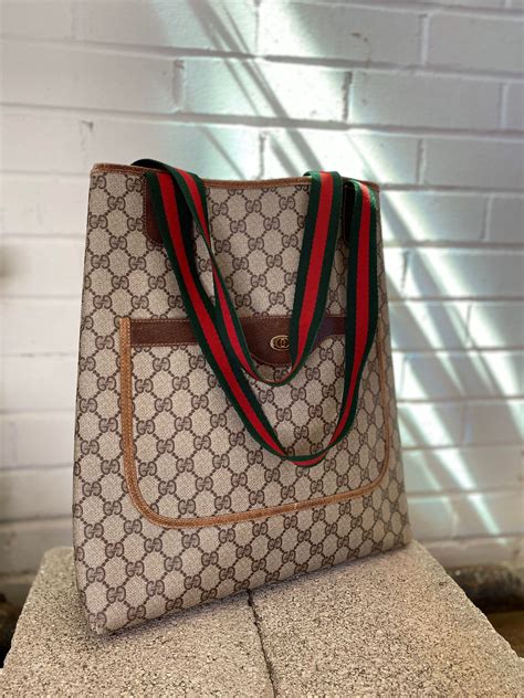 vintage gucci brown gg web canvas tote bag with green sherry line in