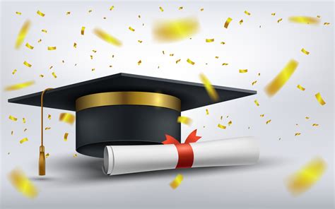 graduation cap  diploma paper  falling gold confetti vector