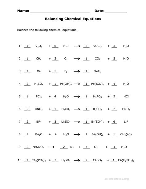 balance chemical equations worksheet  answer key science notes
