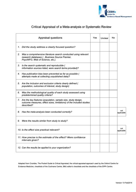 critical appraisal   meta analysis  systematic review template