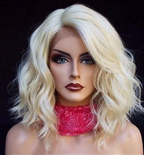 wigsforyou  fashion lace front wig women short platinum blonde wavy lace synthetic hair wigs