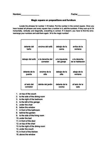 spanish prepositions  furniture magic square fun  prep worksheet