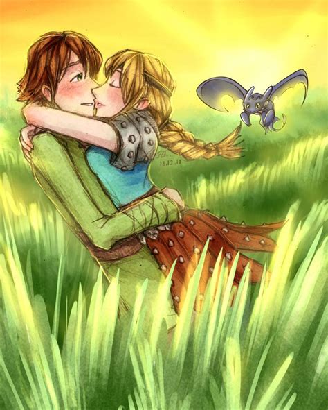 Hiccup And Astrid Kissing With Toothless Coming Towards