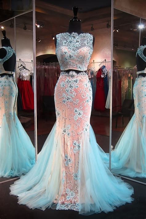 Mermaid High Neck Open Back Light Blue Tulle Lace Two Piece Prom Dress