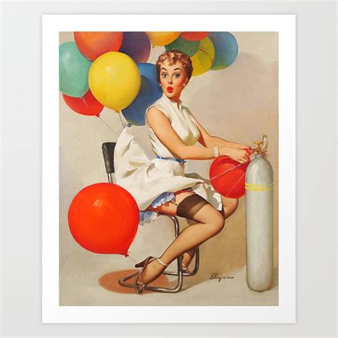 Vintage Pin Up Girl And Colorful Balloons Art Print By Retroroxie