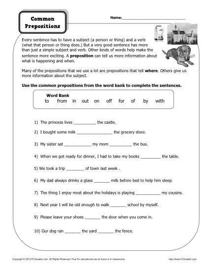 preposition worksheet common prepositions  pinterest
