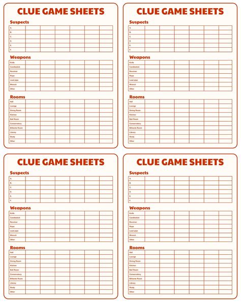 clue game sheets printable clue games printable board games clue