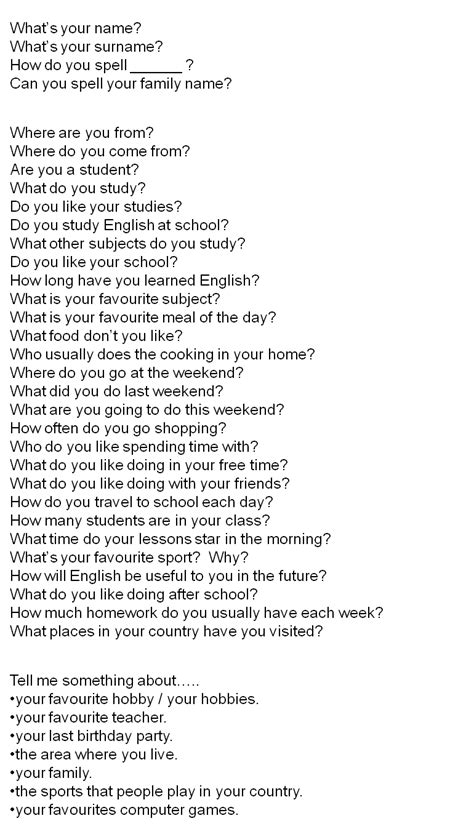 elementary english class speaking questions ket