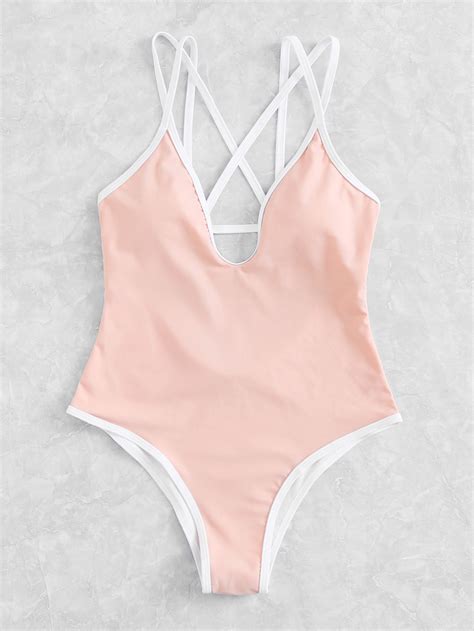 Contrast Trim Caged One Piece Swimwear Swimsuits Trendy Swimsuits