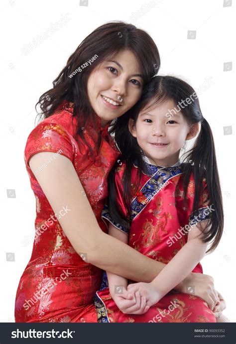 beautiful asian mother daughter traditional costume stock