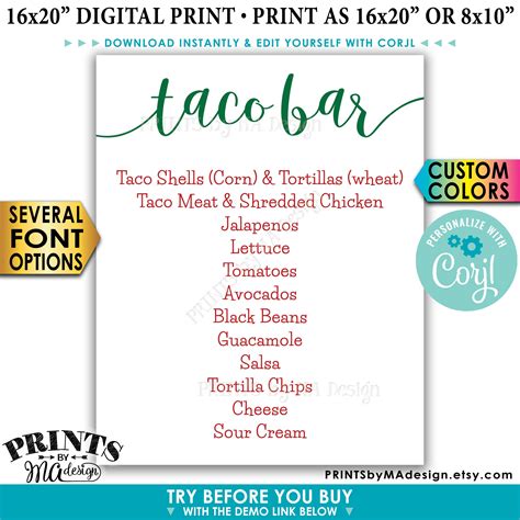 taco bar menu sign fiesta party menu custom printable xx