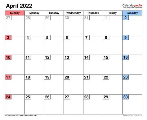april  calendar templates  word excel