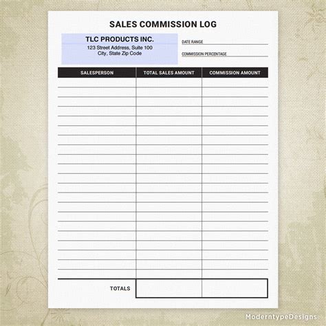 sales commission log printable form editable moderntype designs