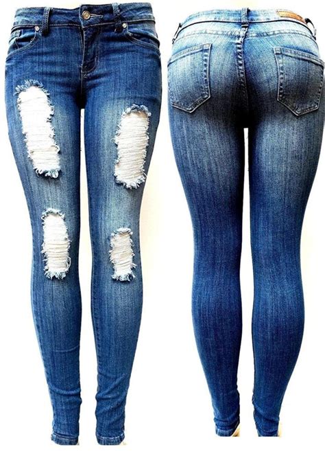 Premium Womens Blue Denim Stretch Jeans Destroy Skinny Ripped