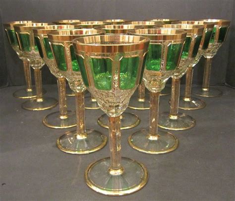 Antique Moser Cut Crystal Gold And Green Wine Glasses Antique Moser