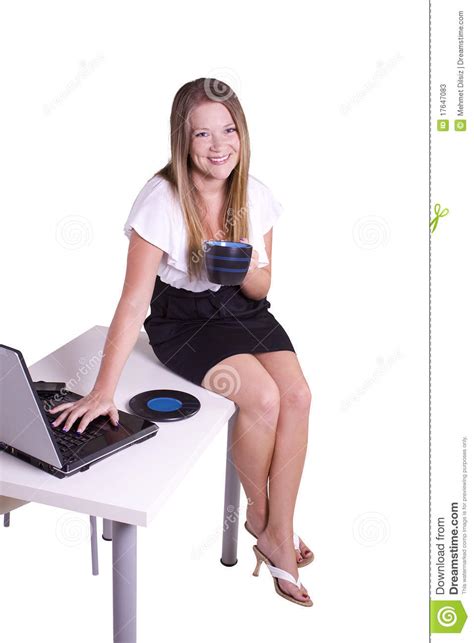 Woman Sitting On The Desk Stock Image Image Of Smile