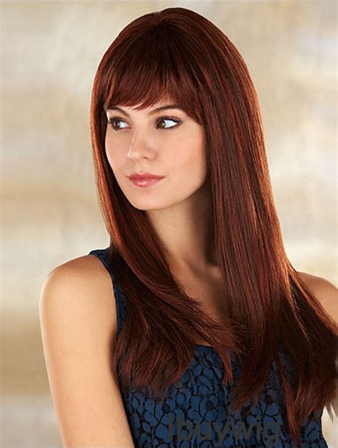 comfortable auburn straight with bangs long wigs