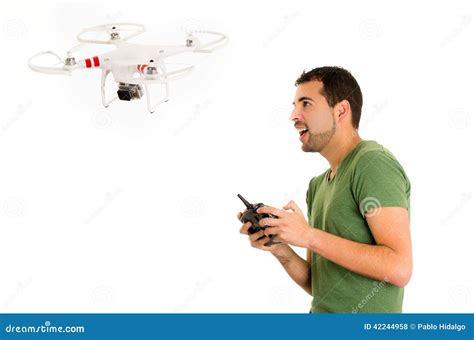 young man  quadcopter drone stock photo image  propeller