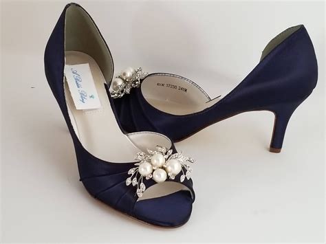 navy blue wedding shoes crystal  pearl cascade design navy blue bridal shoes blue wedding