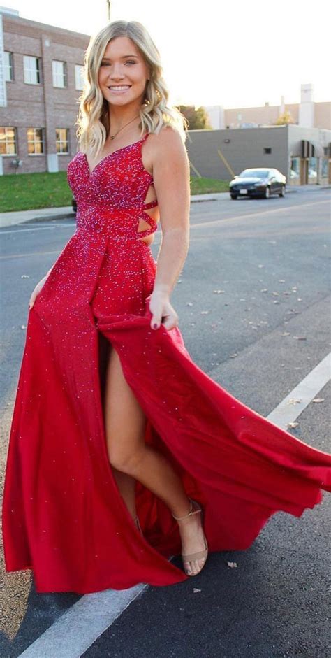 12 Red Prom Dresses For The Wow Look Red Shimmery Spaghetti Strap