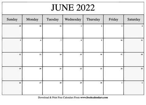 blank printable june  calendars