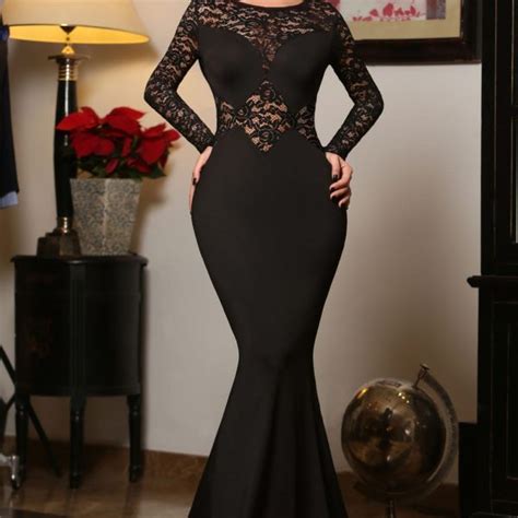 Cheap Black Long Sleeve Mermaid Lace Prom Dresses Online