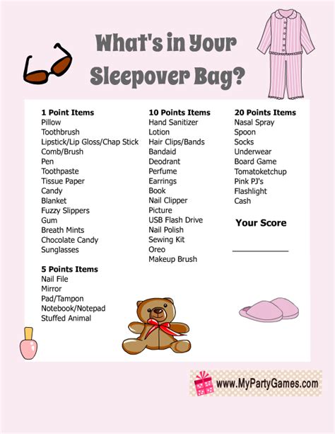 Free Printable Whats In Your Sleepover Bag Slumber Party Game For