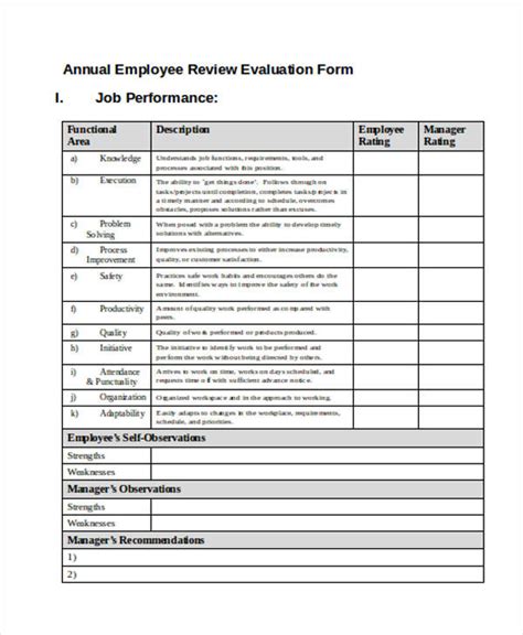 employee annual evaluation form printable forms