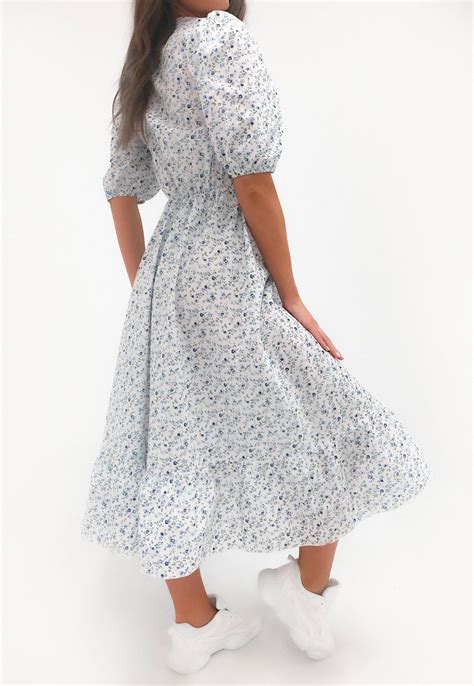 Blue Floral Puff Sleeve Midi Smock Dress Missguided