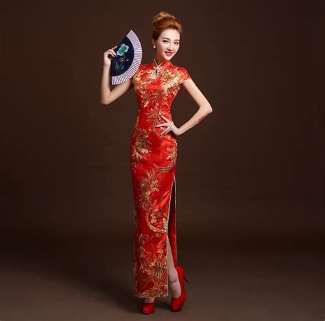 red cheongsam dress long mermaid qipao dresses phoenix lace traditional