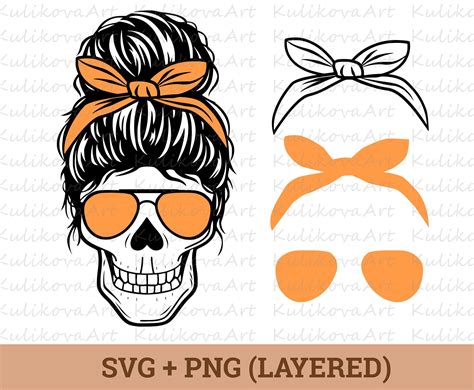 Mom Skull Svg File Layered Messy Bun Skull With Glasses Svg Etsy