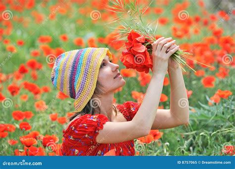 Beautiful Young Woman On Field With Poppies Stock Image Image Of