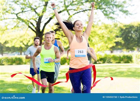 happy young female runner  finish winning race stock photo image  runner concept