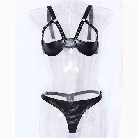 cupless exotic women sexy lingerie set black rivet bra g string vinyl