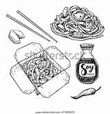 Drawing Vector Wok Chinese Isolated Set Noodles sketch template