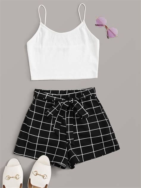 crop cami top and belted grid shorts set shein uk roupas moda moda