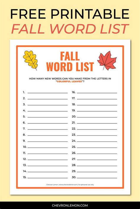 printable fall word list fall words word list christmas word