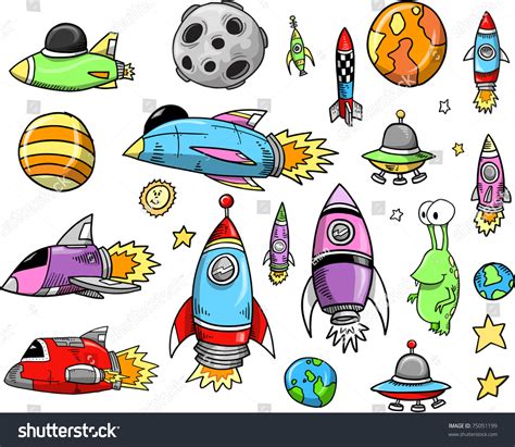 outer space rocket ship doodle sketch vector illustration set