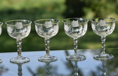 Vintage Etched Crystal Port Wine Glasses Set Of 6 Small Etched Liquor