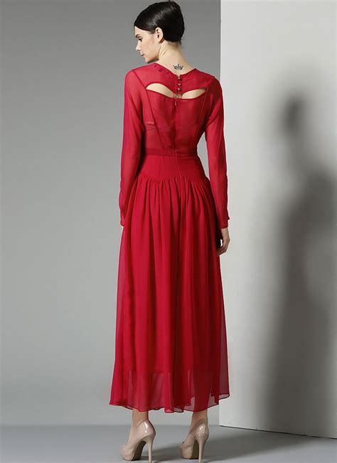 long sleeve red maxi dress with angled hip design rm327