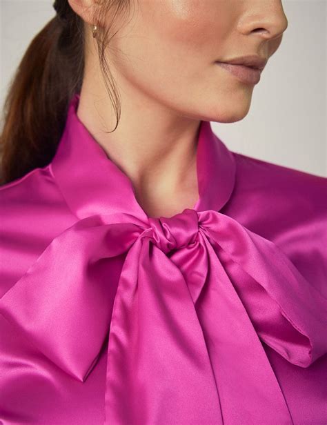 fuchsia fitted satin blouse pussy bow miss cufflinks