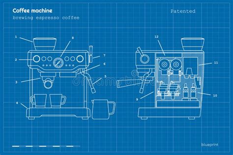 espresso coffee machine blueprint outline drawing  coffeemaker stock