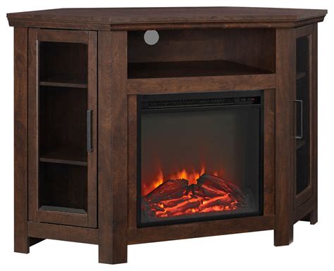 wood corner fireplace media tv stand console transitional